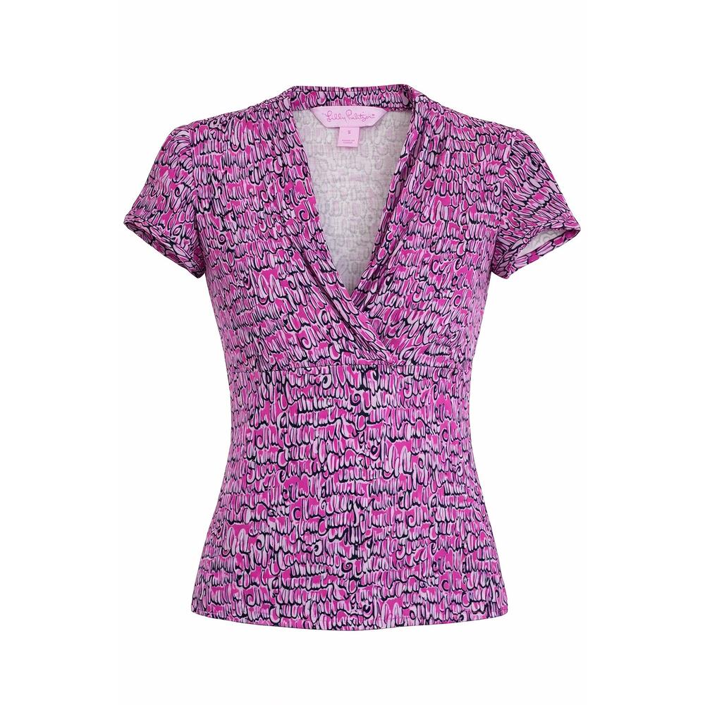 Lilly Pulitzer Silk Top Pink Print V-Neck Short Sleeve Lightweight Blouse S